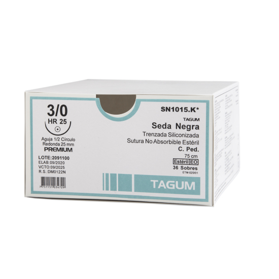 Sutura Seda Negra Trenzada 75 cms, caja x 36 Uds, TAGUM.