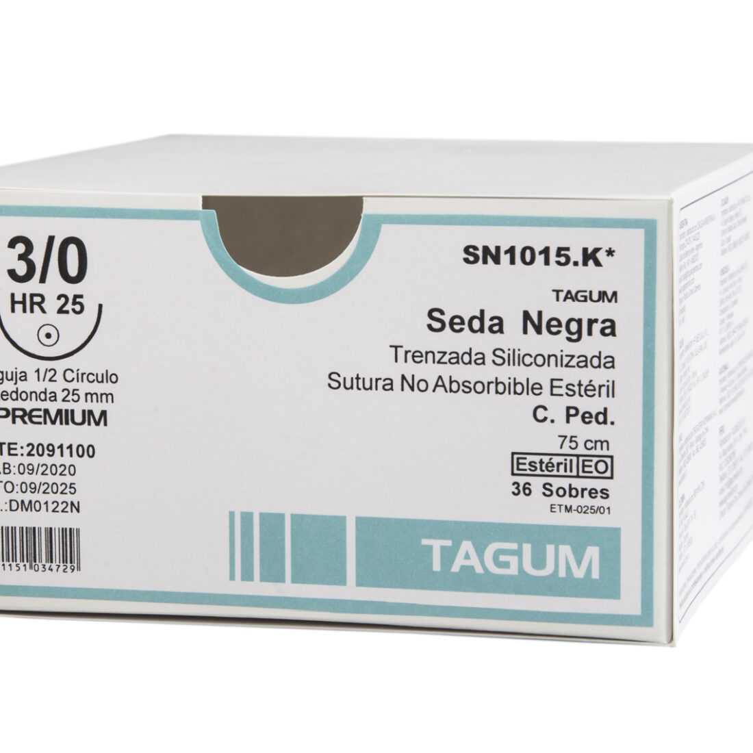 Sutura Seda Negra Trenzada 75 cms, caja x 36 Uds, TAGUM.