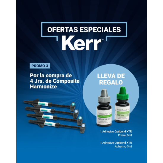 ¡Oferta Especial Kerr! Compre 4 Jeringas de Composite Harmonize, y lleve de Regalo 1 Adhesivo y 1 Primer Optibond XTR