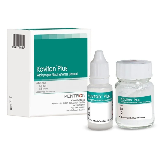 Kavitan Plus Vidrio Ionomero Radiopaco15grs polvo shade A2, 15grs liquido. Kerr